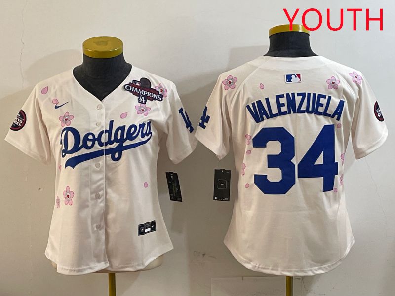 Youth Los Angeles Dodgers #34 Valenzuela Cream Sakura Edition 2025 Nike MLB Jersey style 3->youth mlb jersey->Youth Jersey